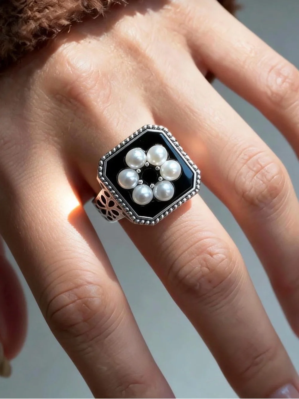 Sterling Silver Black Enamel Ring with Pearl Cluster